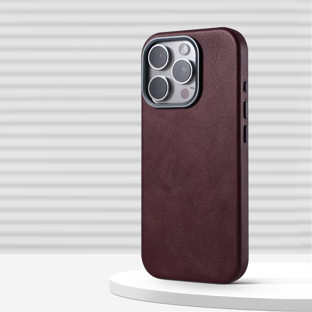 Luxury Business Retro Leather Magnetic Case for Iphone 17 Pro Max 16 plus 15 14 13 Magsafe Alloy Lens Wireless Charging Cover