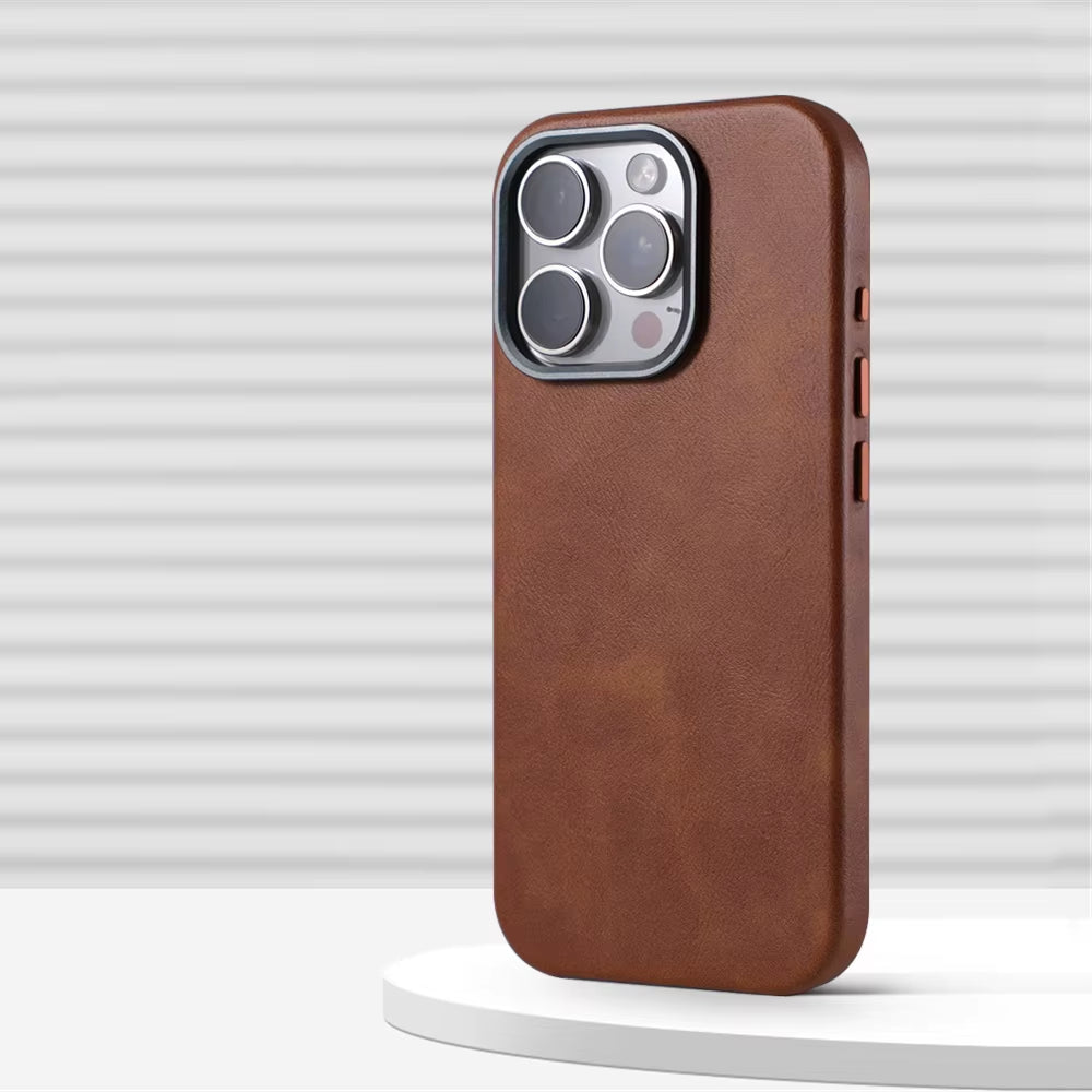Luxury Business Retro Leather Magnetic Case for Iphone 17 Pro Max 16 plus 15 14 13 Magsafe Alloy Lens Wireless Charging Cover