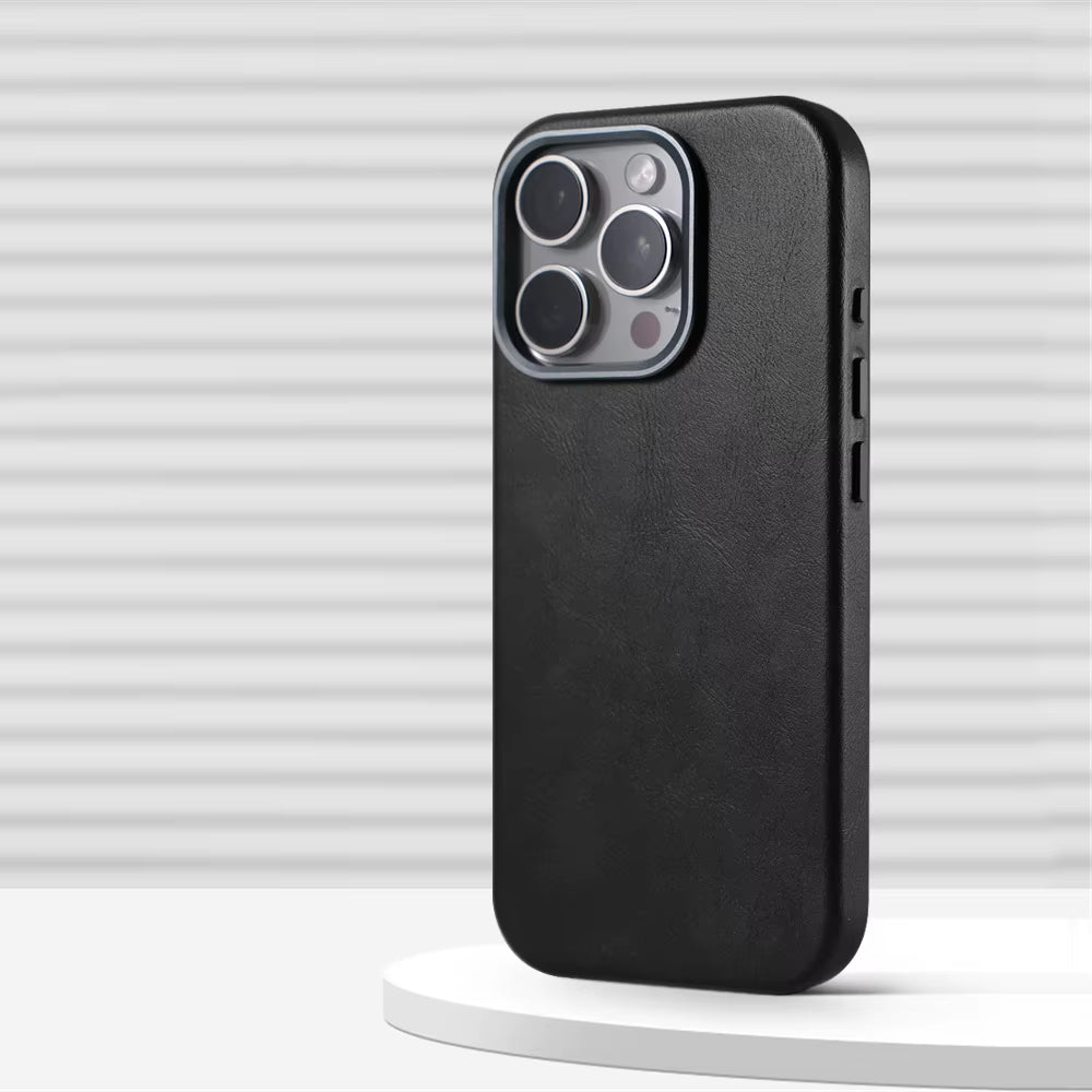 Luxury Business Retro Leather Magnetic Case for Iphone 17 Pro Max 16 plus 15 14 13 Magsafe Alloy Lens Wireless Charging Cover