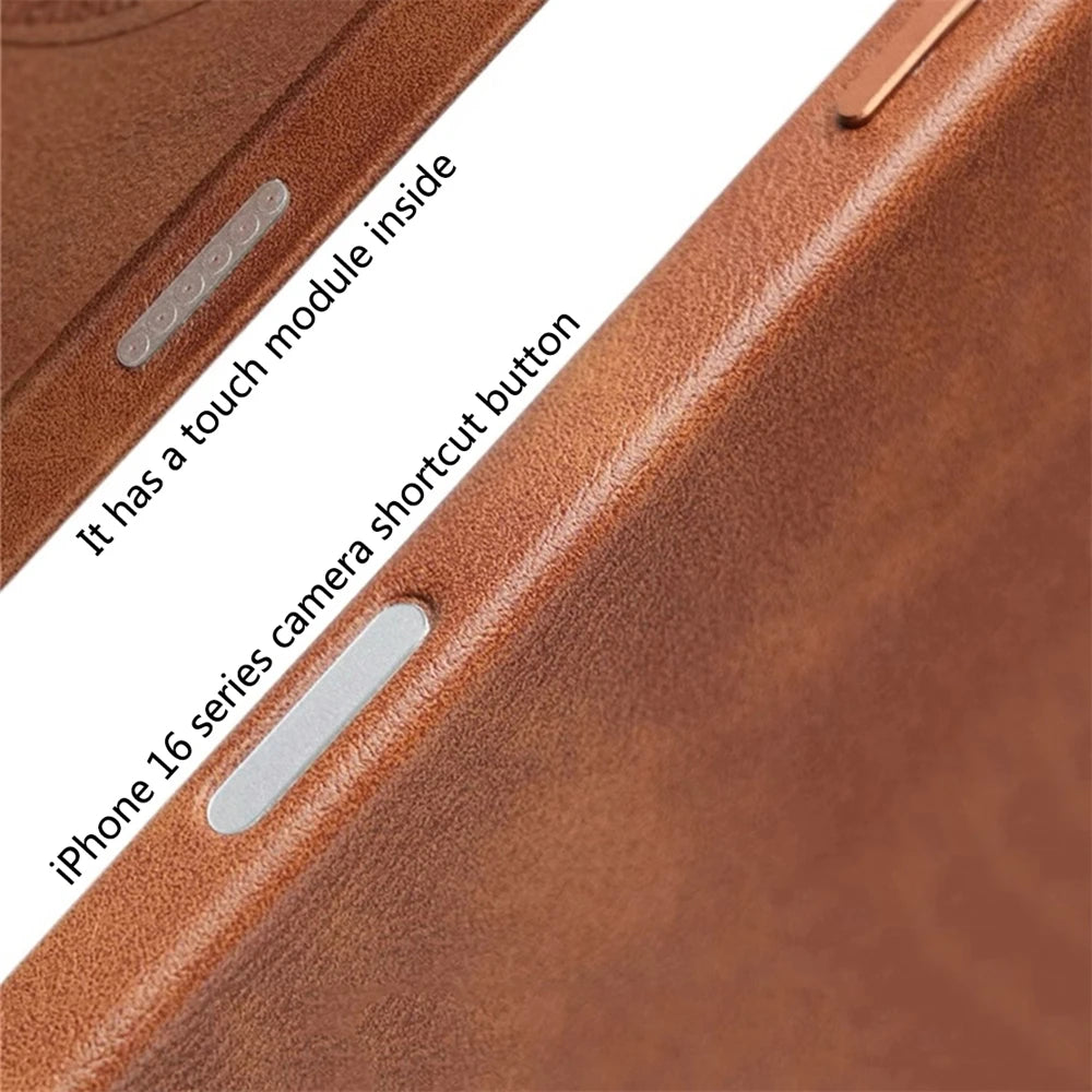 Luxury Business Retro Leather Magnetic Case for Iphone 17 Pro Max 16 plus 15 14 13 Magsafe Alloy Lens Wireless Charging Cover