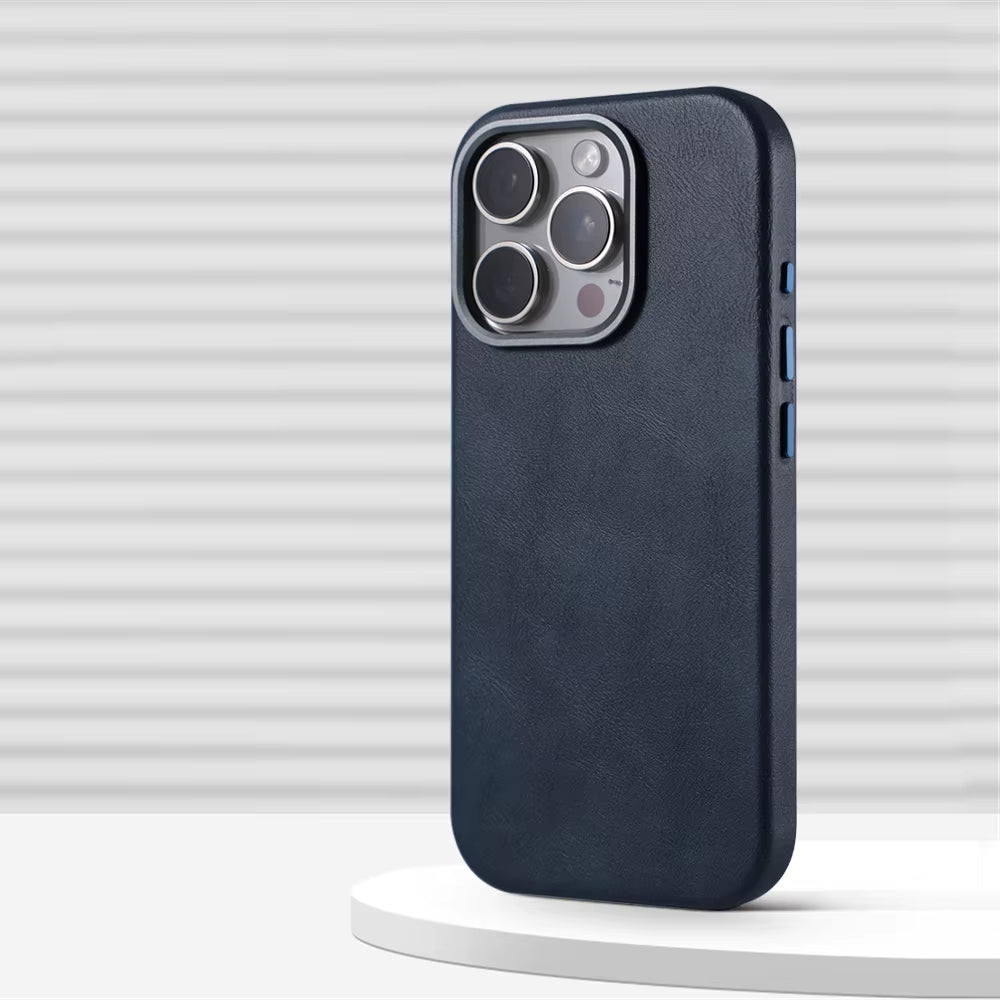 Luxury Business Retro Leather Magnetic Case for Iphone 17 Pro Max 16 plus 15 14 13 Magsafe Alloy Lens Wireless Charging Cover